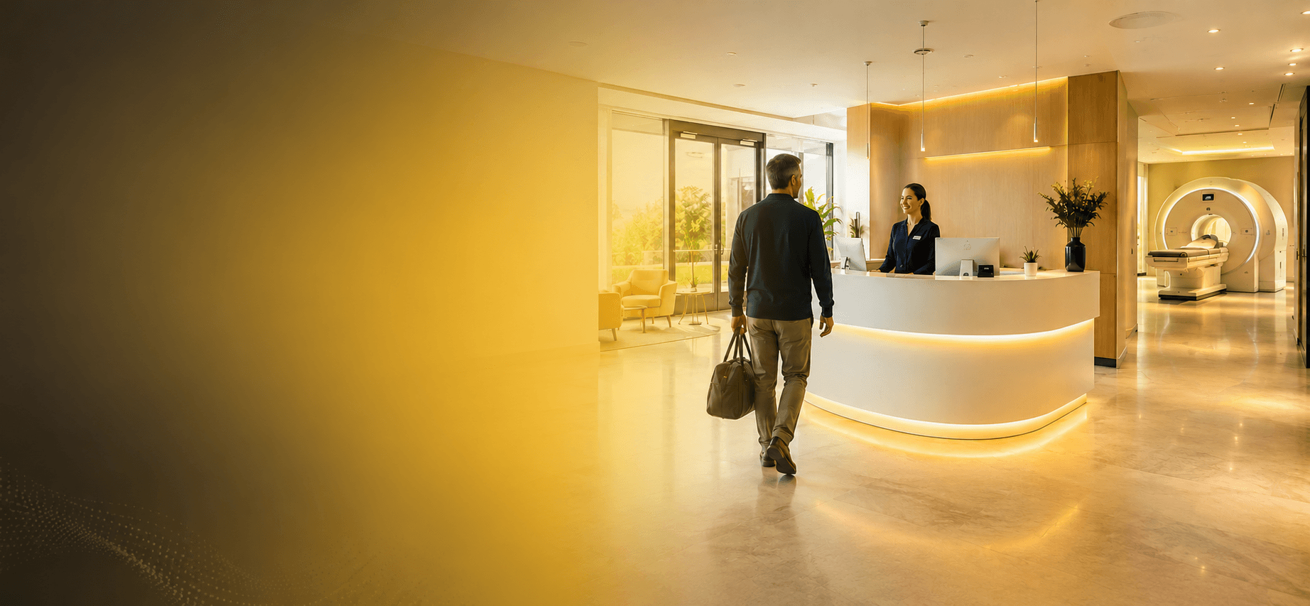 Patient arriving at a Skannr partner clinic with MRI in background